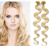 KERATIN- 100% Lidské vlasy k prodloužení REMY, přírodní Blond 45cm- vlnité 100pramenů- VÝPRODEJ