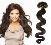 KERATIN- 100% Lidské vlasy k prodloužení REMY, tmavě hnědá 45cm- vlnité 100pramenů- VÝPRODEJ
